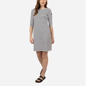SAINT JAMES Striped Navy‎ Cream Sheath Nautical Stretch Dress Womens Size 12 M